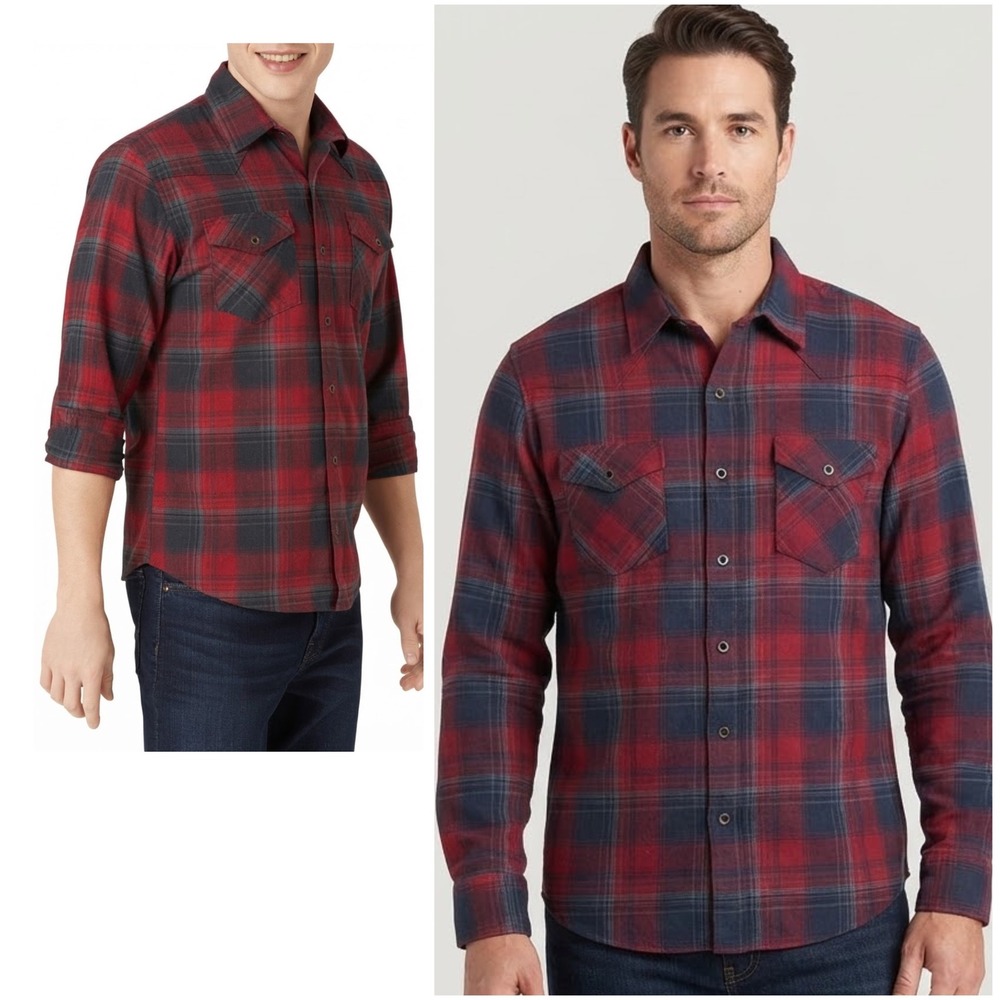 Wrangler Mens Flex for Comfort Red Blue Plaid Flannel Western Shirt Medium